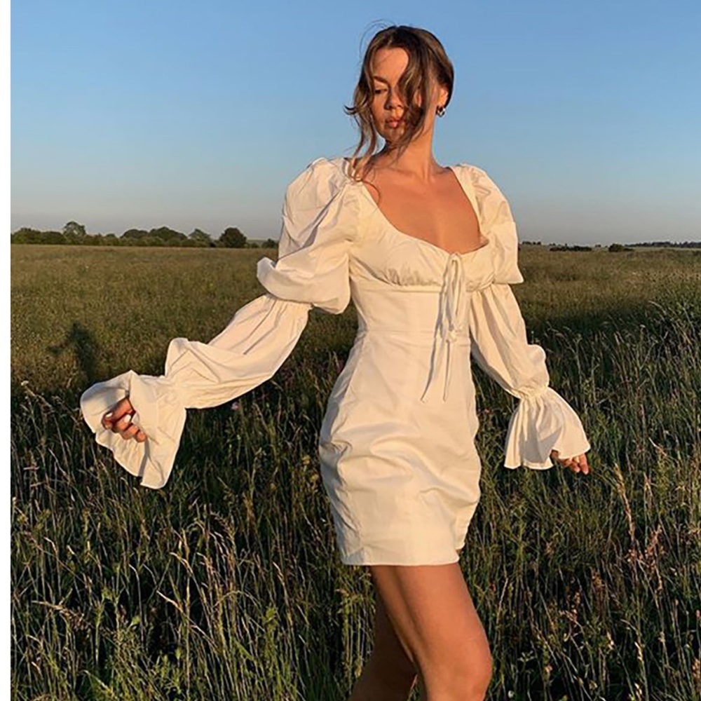 Puff Long Sleeve Mini White Dress - Picture 1 of 16